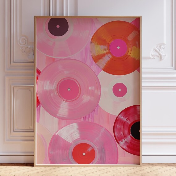 Pink and Red Vinyl Records Collage Music Poster for Dorm Decor