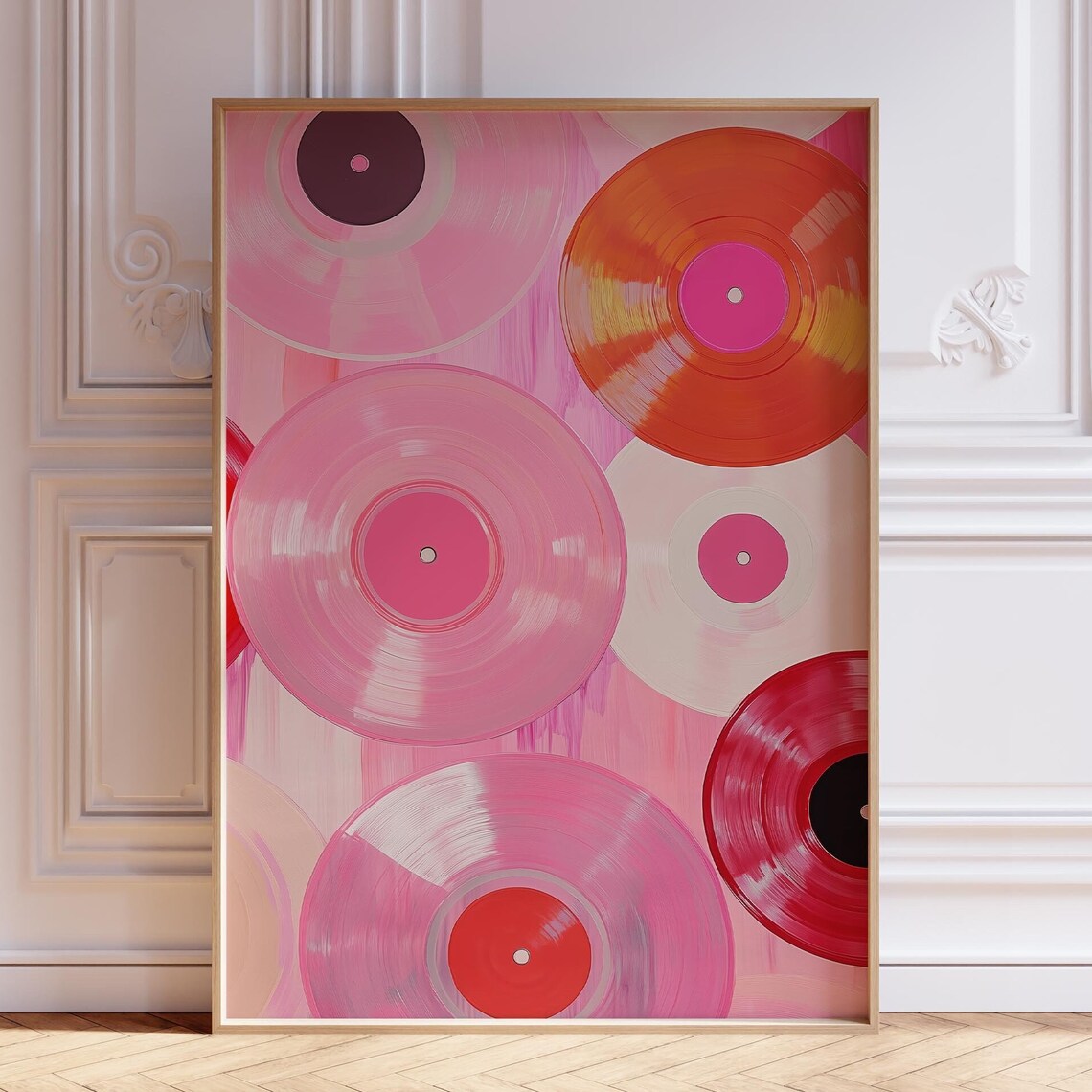 Pink and Red Vinyl Records Collage Music Poster for Dorm Decor