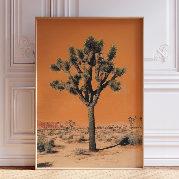 Bushy Joshua Tree Orange Sunset Desert Landscape Photography Poster