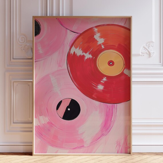 Pink and Red Vinyl Records Close-Up Retro Music Room Art Poster