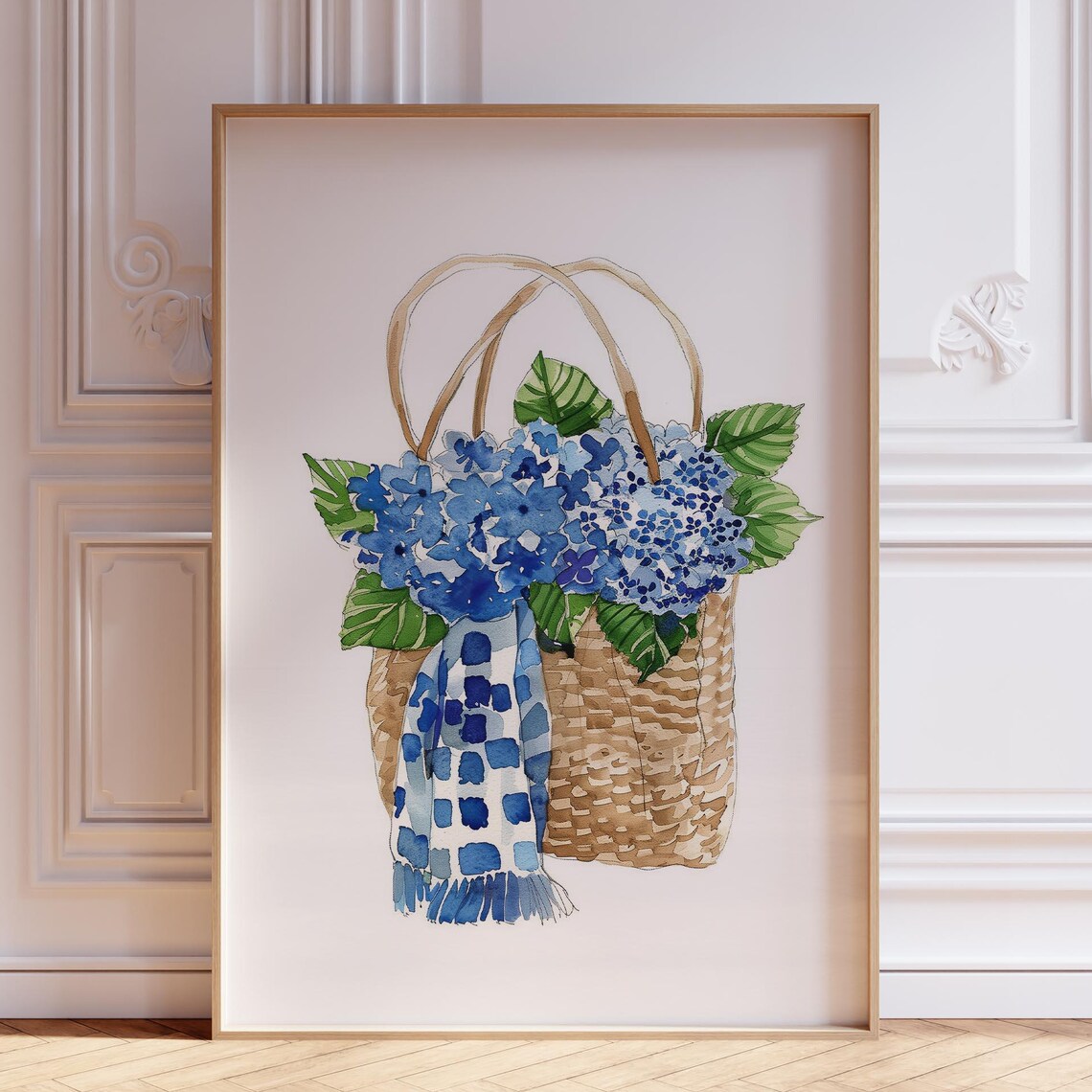 Blue Hydrangea Watercolor Floral Poster, Coastal Decor