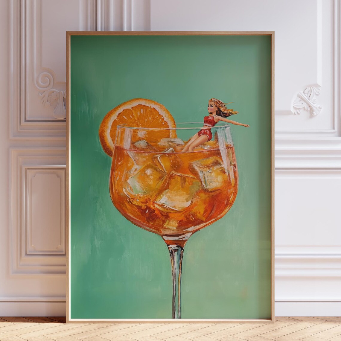 Aperol Spritz Cocktail Painting Orange Slice Green Backdrop Poster