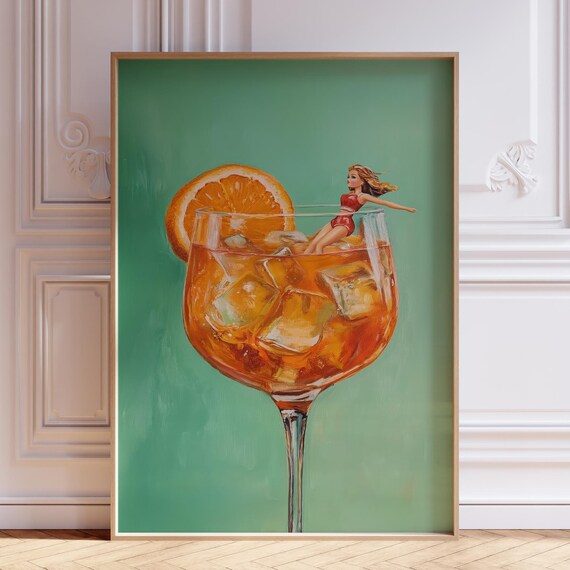 Aperol Spritz Cocktail Painting Orange Slice Green Backdrop Poster