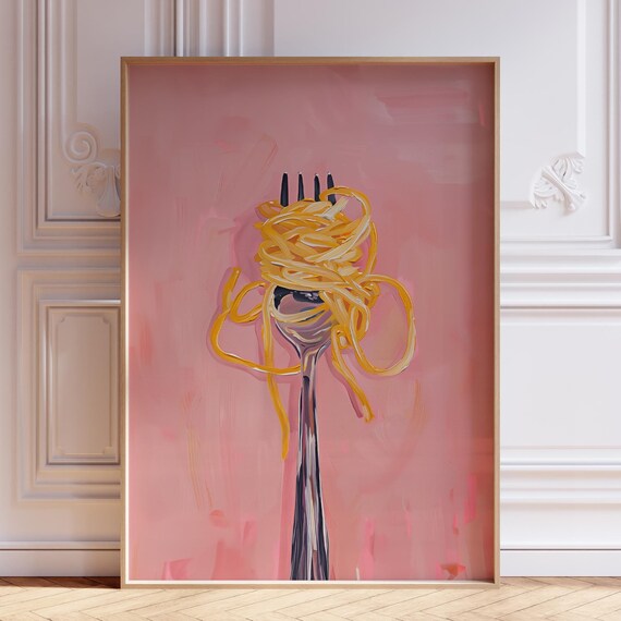 Pink Pasta Fork Twirled Spaghetti Pop Art Kitchen Wall Print