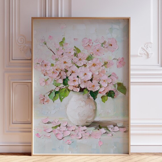 Pink Cherry Blossom Bouquet White Vase Impasto Oil Painting Floral Poster