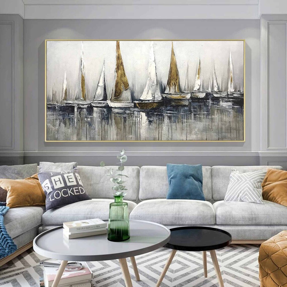 Grey Gold Sailboat Harbor Reflection Panoramic Abstract Sailing Wall Poster