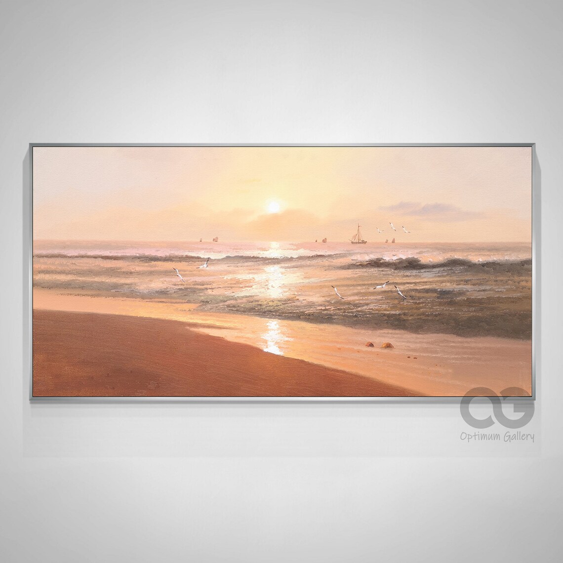 Sunset Beach Painting Golden Sun Seagulls Ships Panoramic Ocean Wall Art Poster - Image 2