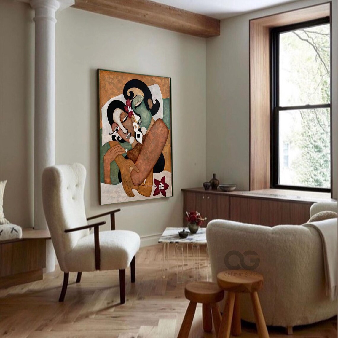 Embracing Couple Abstract Warm Earth Tone Closed Eyes Floral Art Poster - Image 2