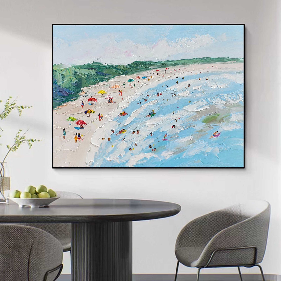 Panoramic Beach Green Dunes Umbrellas Surfers Summer Shore Art Poster - Image 4