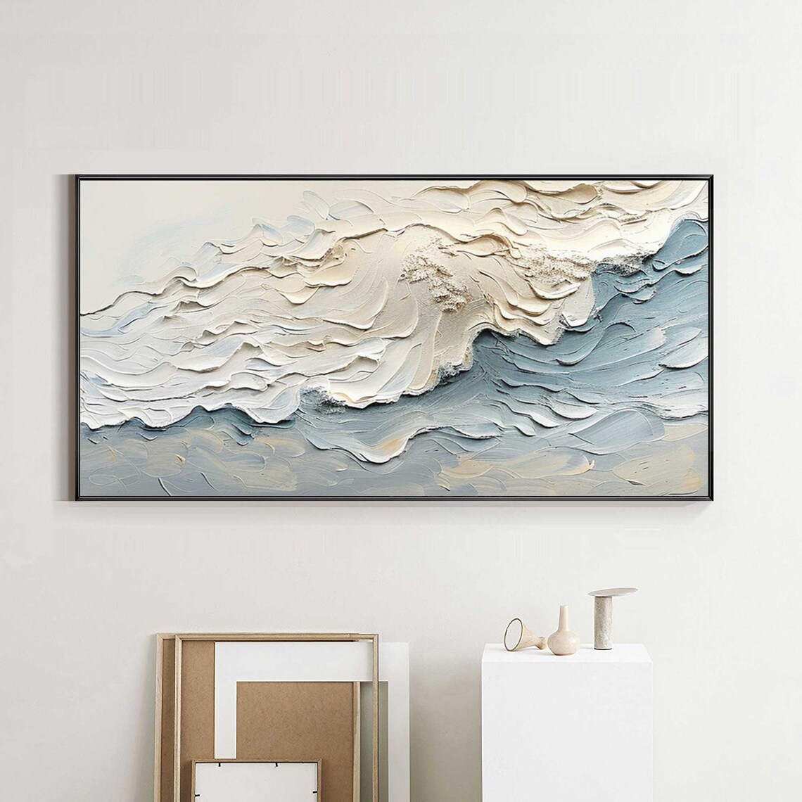White Cream Blue Textured Ocean Waves Gold Framed Painting Modern Wall Art - Image 3