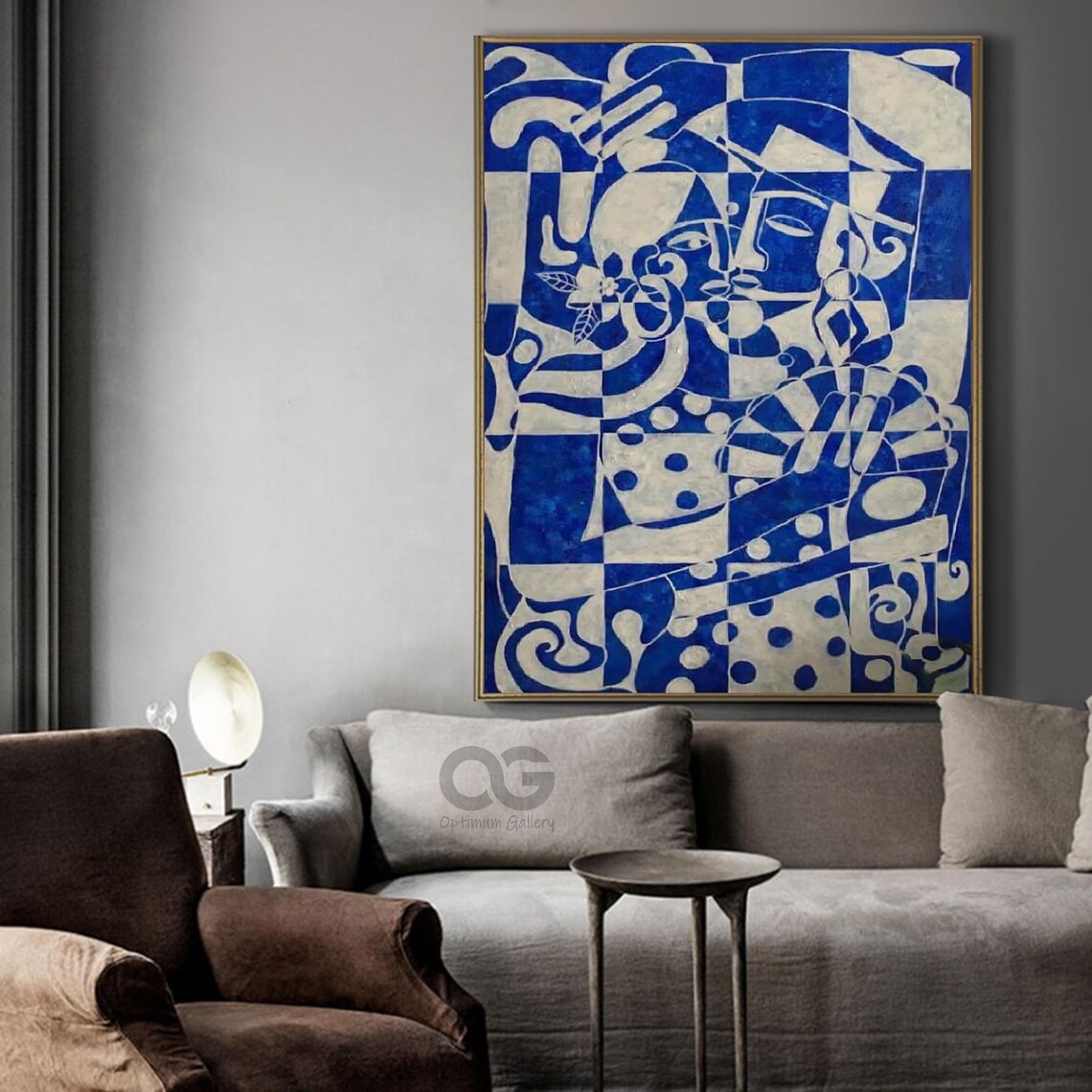 Cobalt Blue Beige Geometric Faces Abstract Checkered Pattern Art Poster - Image 5