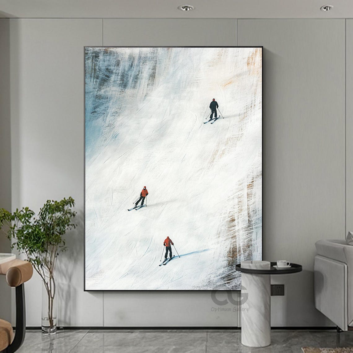 Three Skiers Blue Grey Textured Mountain Slope Winter Sport Art Poster - Image 5