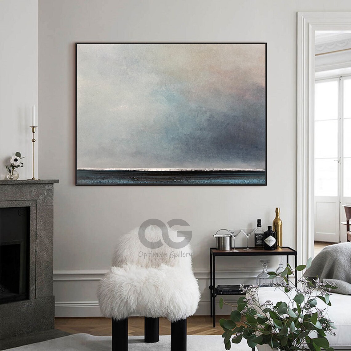 Moody Dark Seascape Abstract Ocean White Horizon Modern Painting Wall Art - Image 2