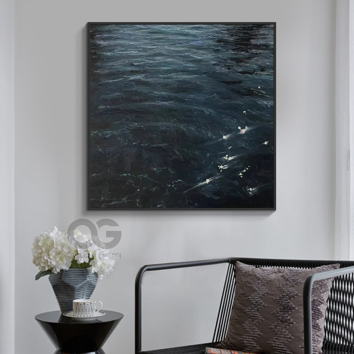 Deep Dark Blue Ocean Abstract Modern Painting Square Large Wall Art - Image 3