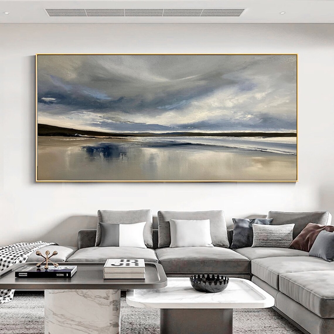Grey Cloudy Beach Seascape Moody Shore Reflection Panoramic Wall Poster - Image 5
