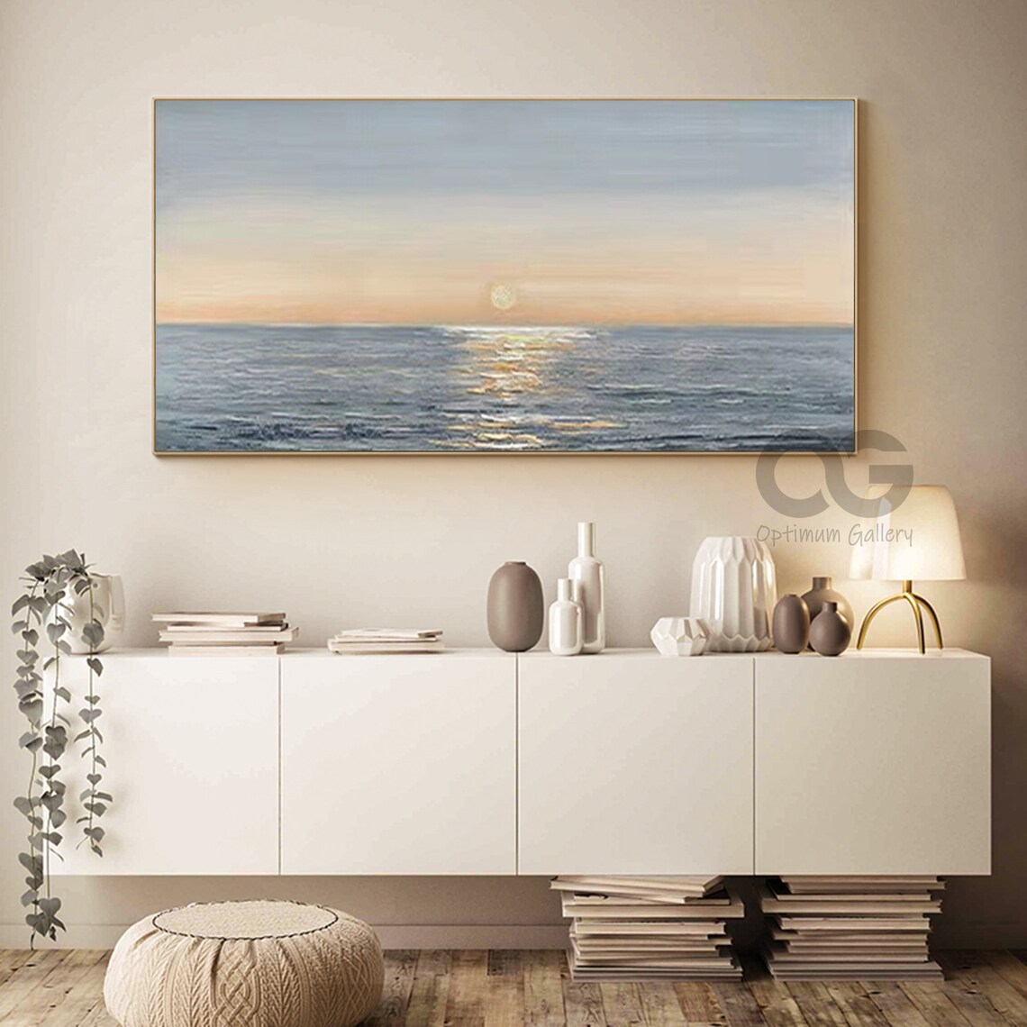 Ocean Sunset Painting Pale Sun Golden Water Reflection Panoramic Wall Art Poster - Image 5