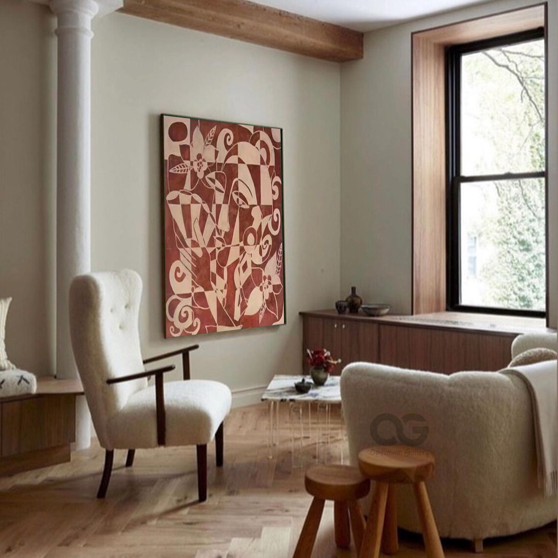 Terracotta Red Beige Line Art Face Abstract Floral Swirl Geometric Poster - Image 2