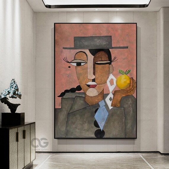 Figure With Hat Holding Lemon Picasso Style Pink Background Abstract Poster