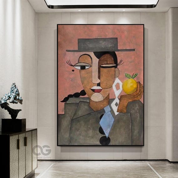 Large Picasso Style Portrait Painting Abstract Lady Painting Woman Face Artwork Original Figurative Art Framed Woman Art Home Decor