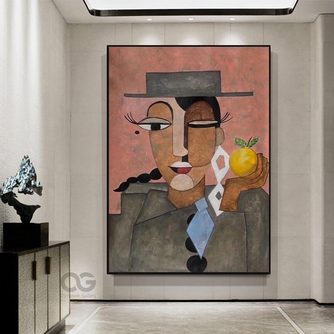 Figure With Hat Holding Lemon Picasso Style Pink Background Abstract Poster