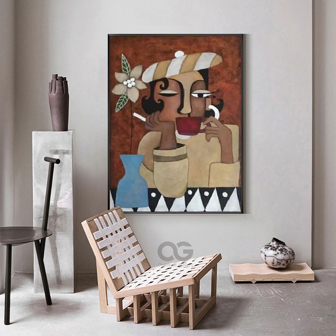 Woman Drinking Coffee Striped Hat Warm Red Abstract Figurative Art Poster - Image 4