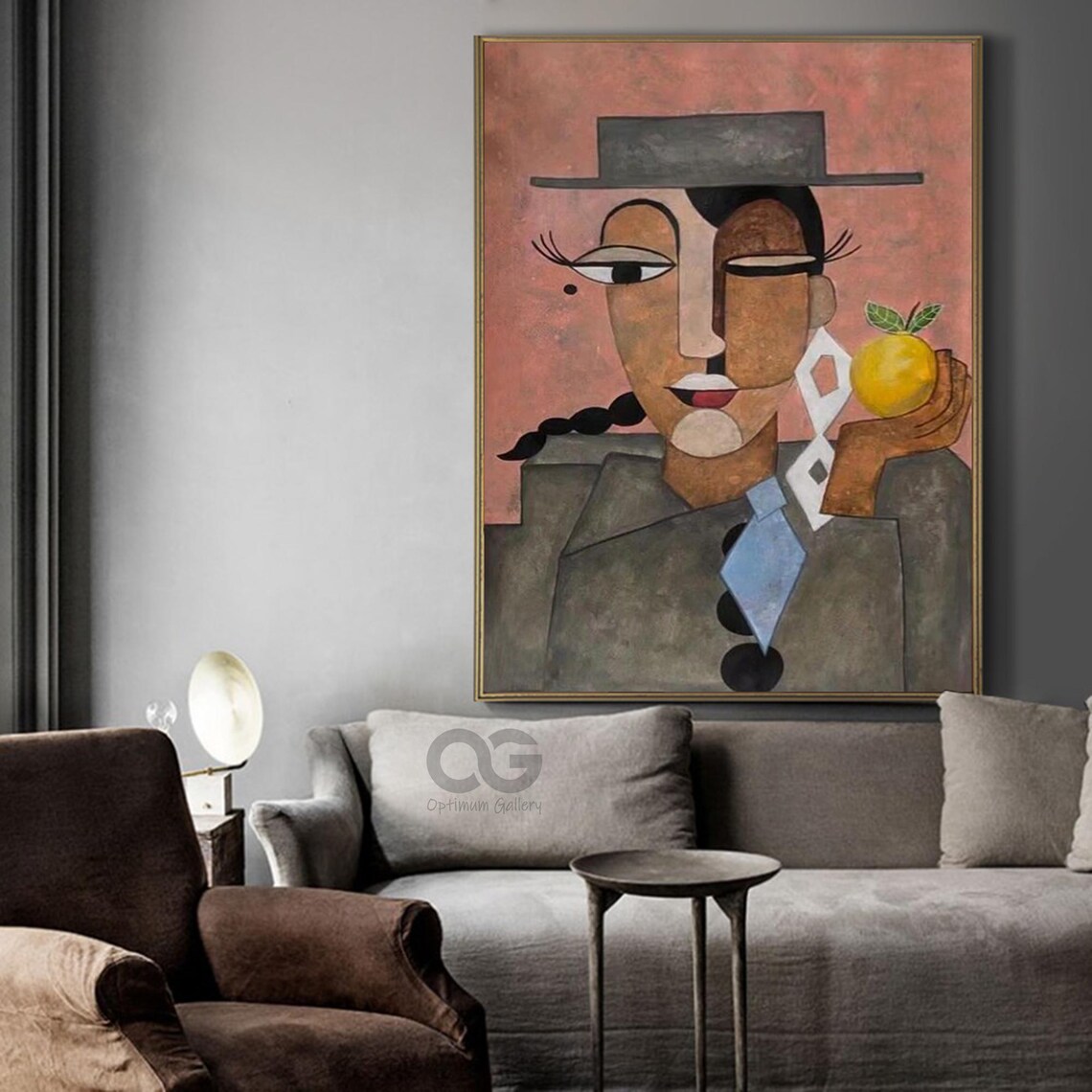 Figure With Hat Holding Lemon Picasso Style Pink Background Abstract Poster - Image 5