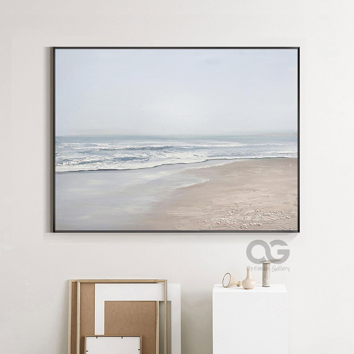 Soft White Beach Painting Gentle Waves Sandy Shore Hazy Coastal Wall Art Poster - Image 4