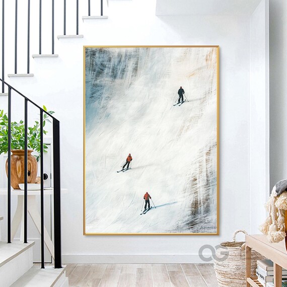 Ski Sport Painting Skiing On Snow Art Custom Painting Textured Wall Art Personalized Gift For Skier Snowy Mountain Art Gift Idea Home Decor