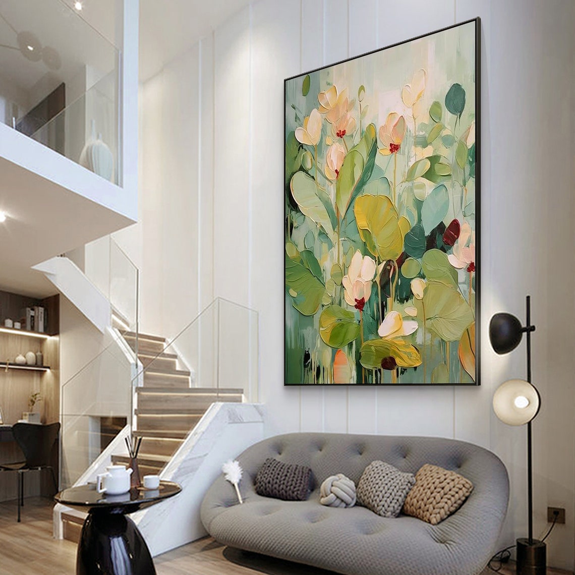 Original Garden Painting On 3dtexture Painting Green Wall Art Colorful Flower Painting Living Room Wall Art Teal Luxurious Floral Art - Image 3