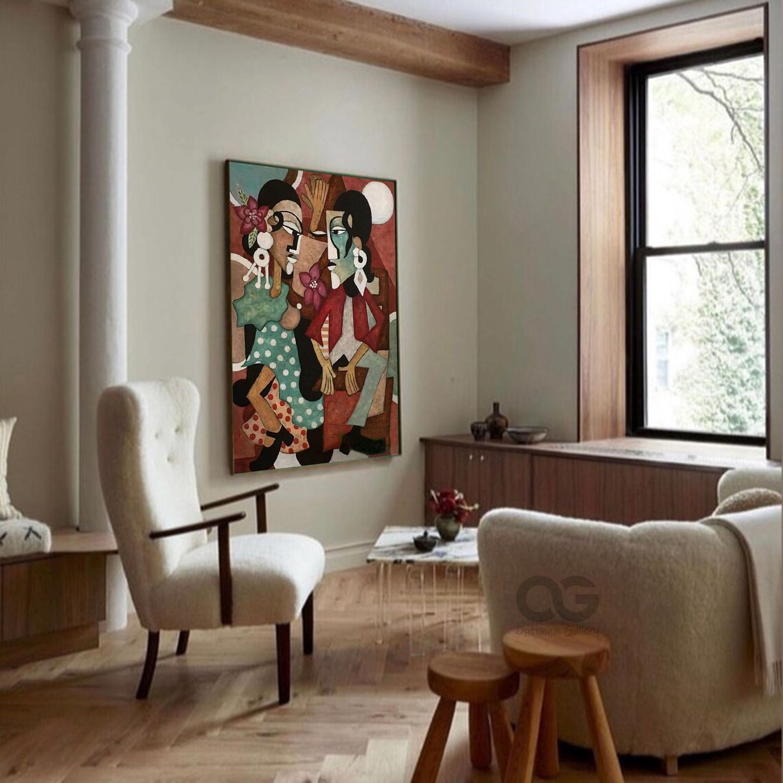 Two Stylized Ladies Polka Dot Dresses Floral Abstract Picasso Style Poster - Image 2