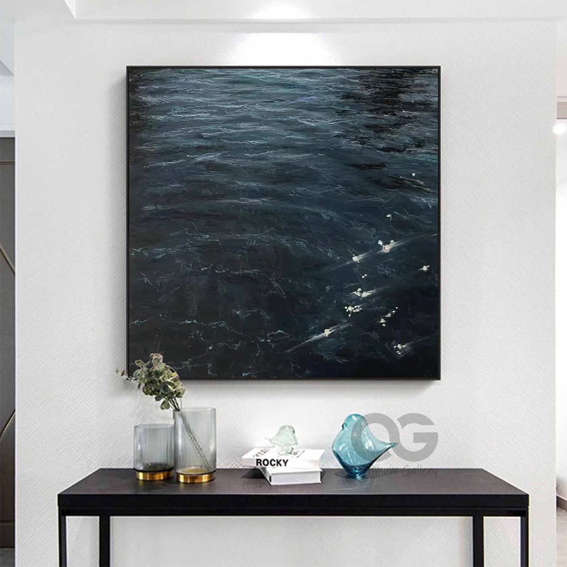 Deep Dark Blue Ocean Abstract Modern Painting Square Large Wall Art - Image 5