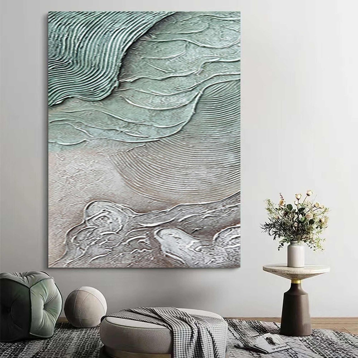 Turquoise Wave Beige Shore Textured Abstract Ocean Relief Art Poster - Image 5