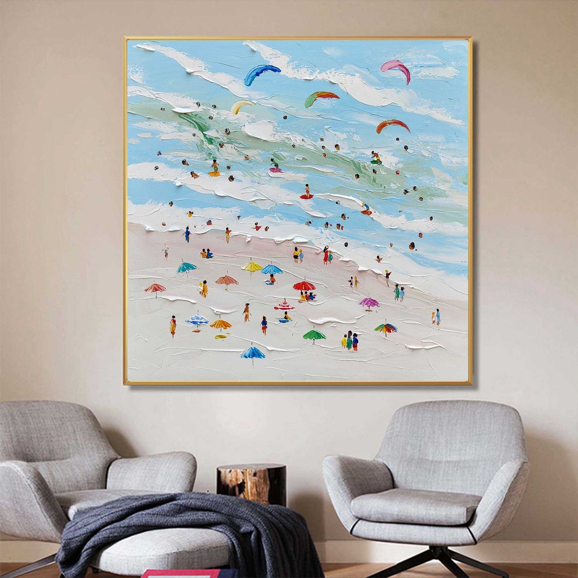 Sunny Beach Umbrellas Kitesurfers Textured Waves Crowded Shore Poster - Image 3