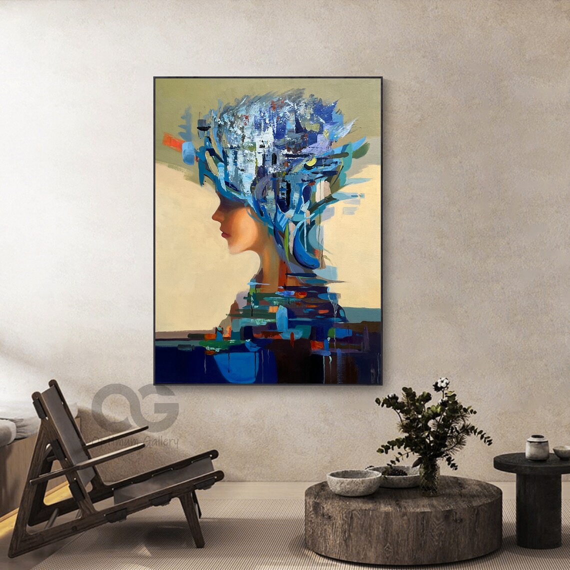 Blue Abstract Hair Woman Profile Painted Brushstroke Explosion Art Poster - Image 2