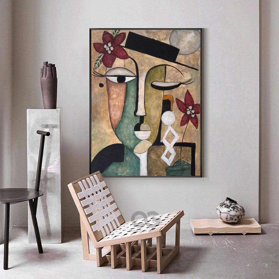Abstract Face Black Hat Red Flowers Beige Green Split Portrait Art Poster - Image 4