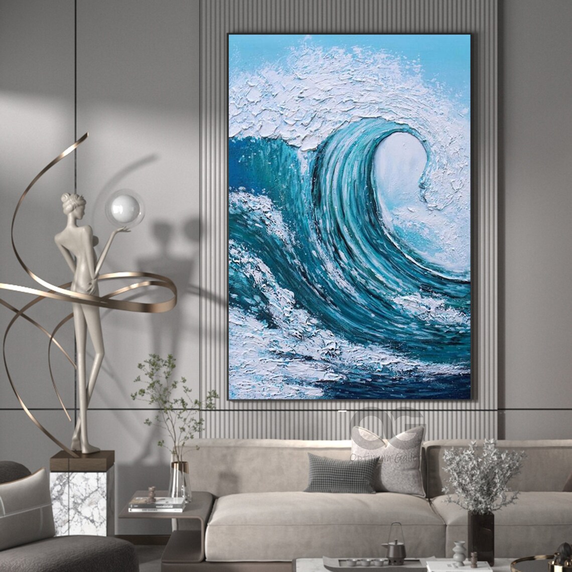 Dramatic Turquoise Ocean Wave Painting Curling Foam Impasto Vertical Wall Art Poster - Image 4