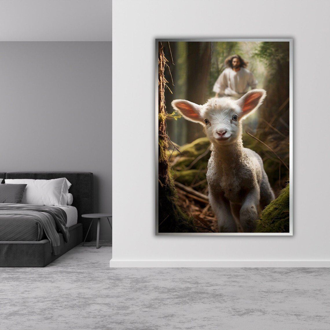 Jesus And Lost Lamb In Forest Warm Light Christian Shepherd Love Art Poster - Image 4