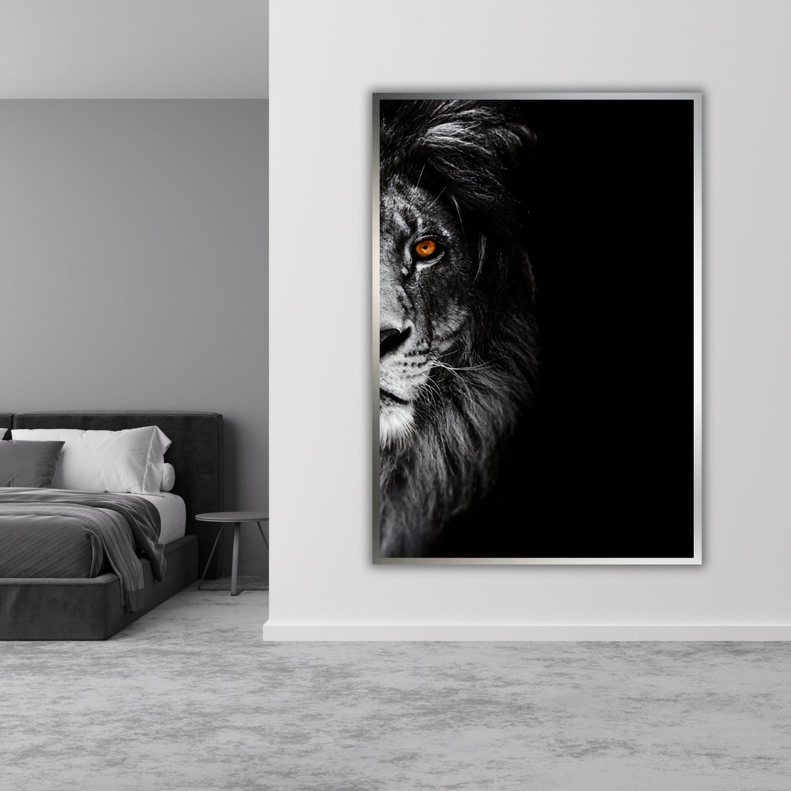 Lion Crimson Gaze Half Face Glowing Eye Dark Wildlife Art Poster - Image 3