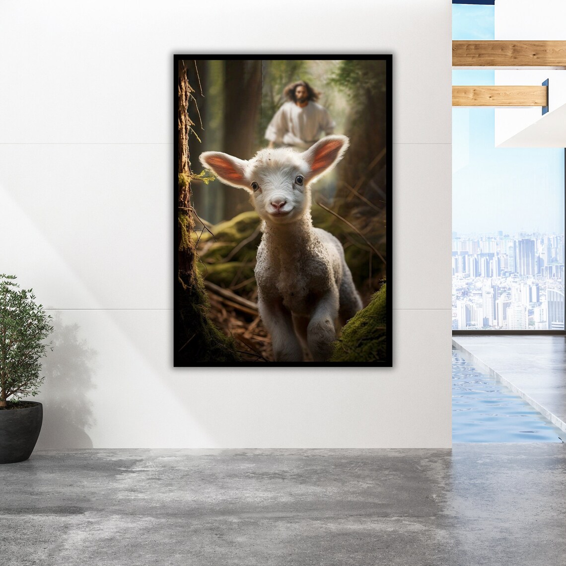 Jesus And Lost Lamb In Forest Warm Light Christian Shepherd Love Art Poster - Image 2