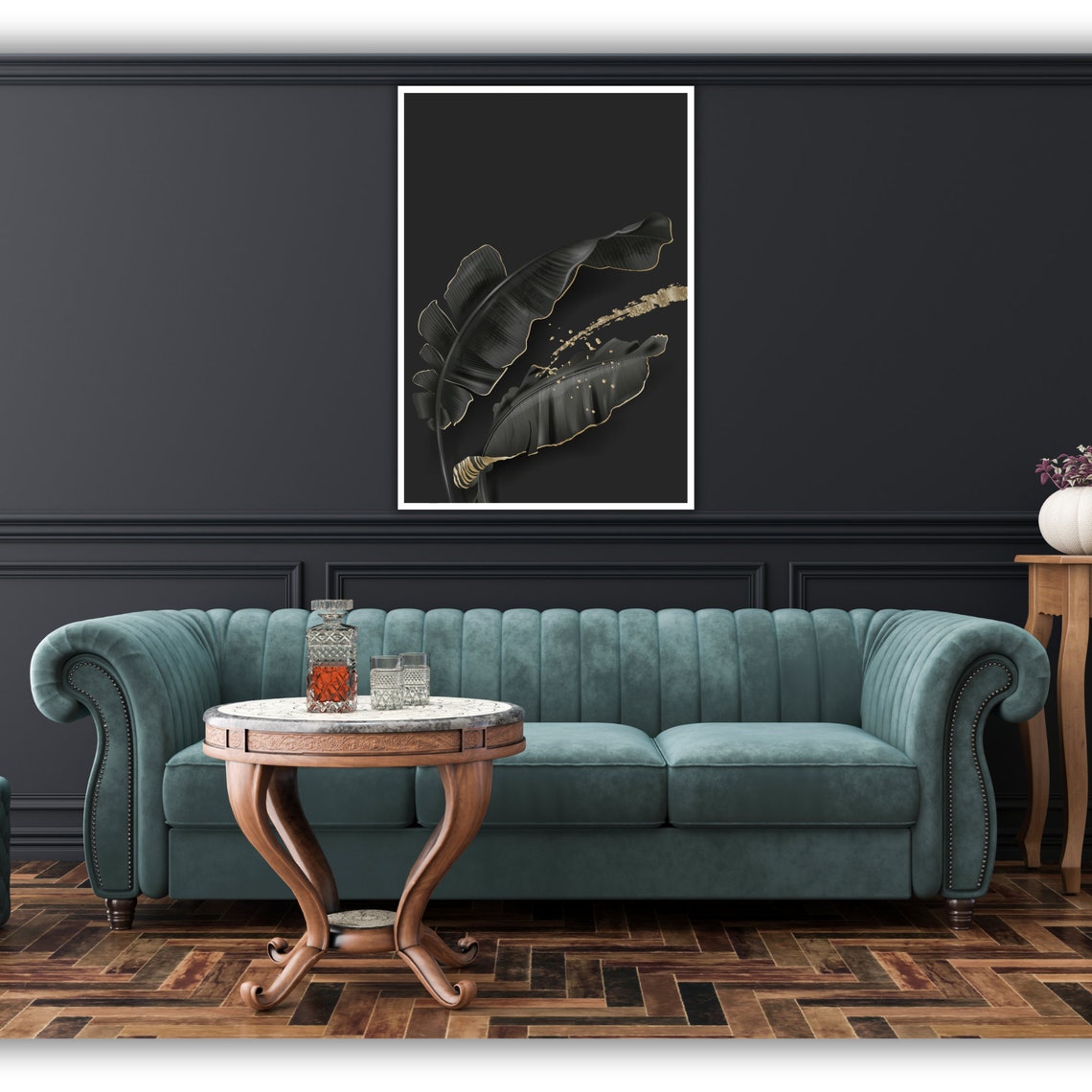 Black Tropical Banana Leaves Gold Edges Dark Botanical Art Poster - Image 2