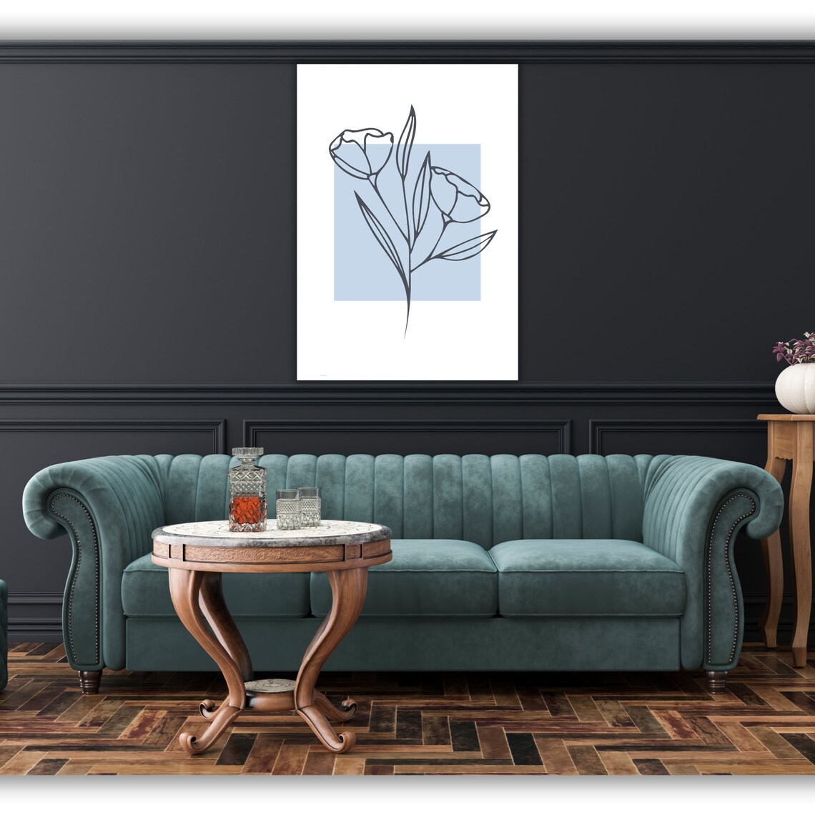 Minimalist Blue Tulips Line Art Floral Botanical Wall Art Poster - Image 2