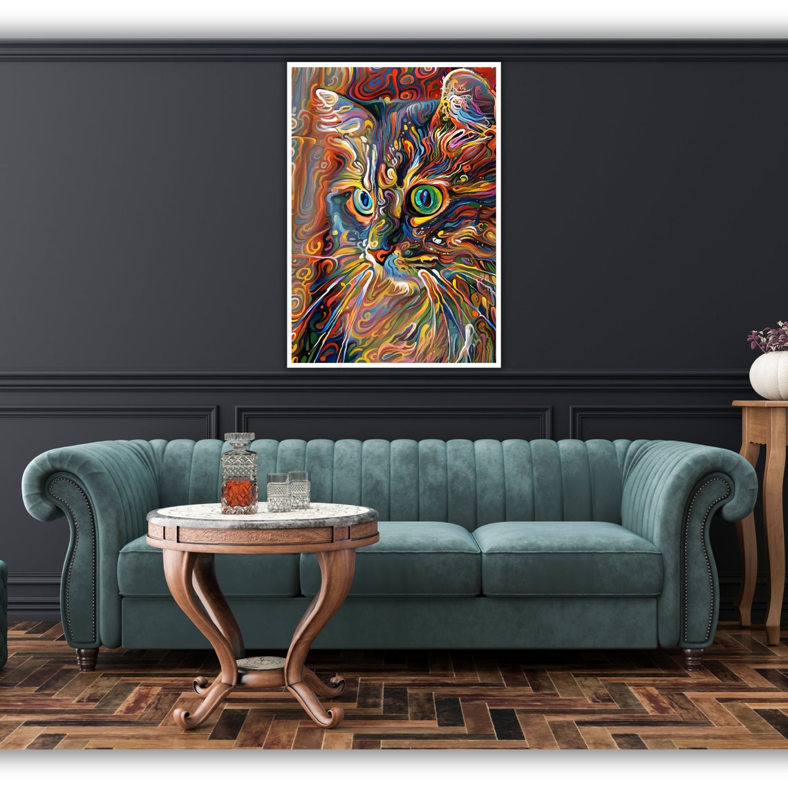 Psychedelic Cat Face Rainbow Swirl Green Eyes Whimsical Feline Poster - Image 5