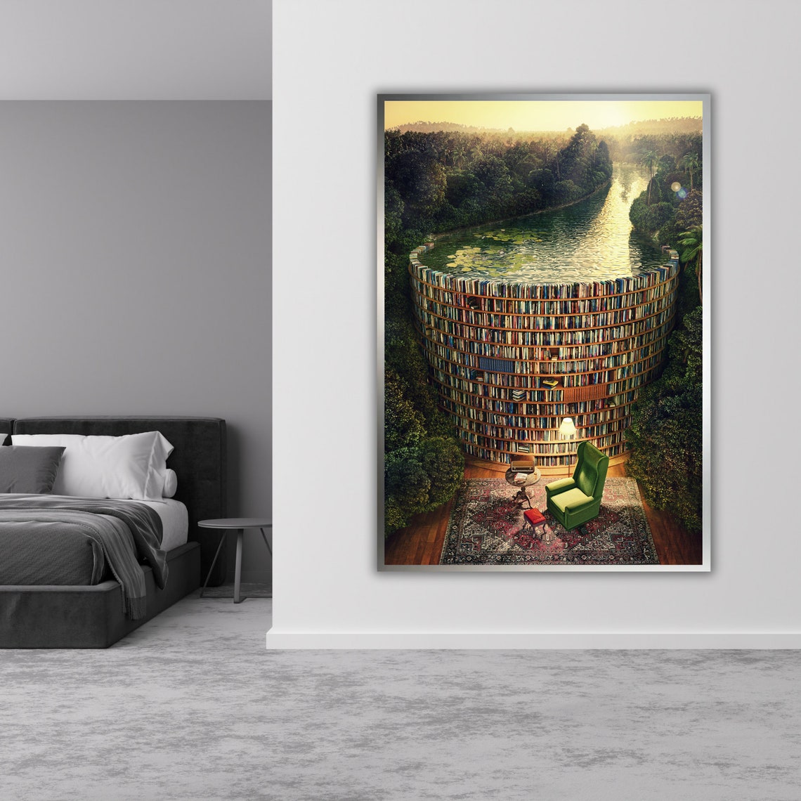 Surreal Circular Library Waterfall Forest Reading Nook Art Poster - Image 3