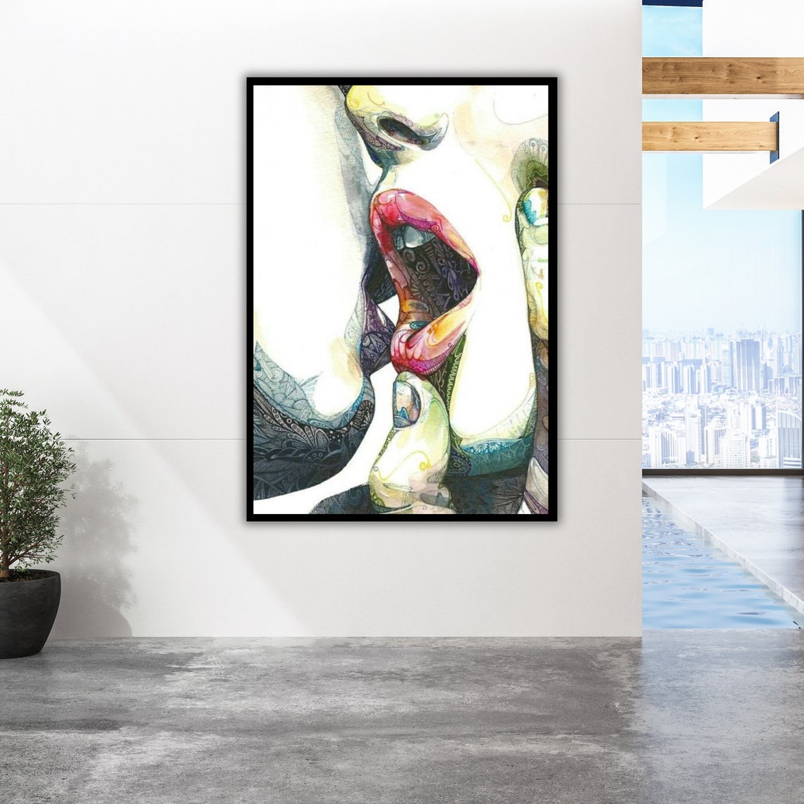 Romantic Kiss Watercolor Close Up Colorful Doodle Pattern Art Poster - Image 2