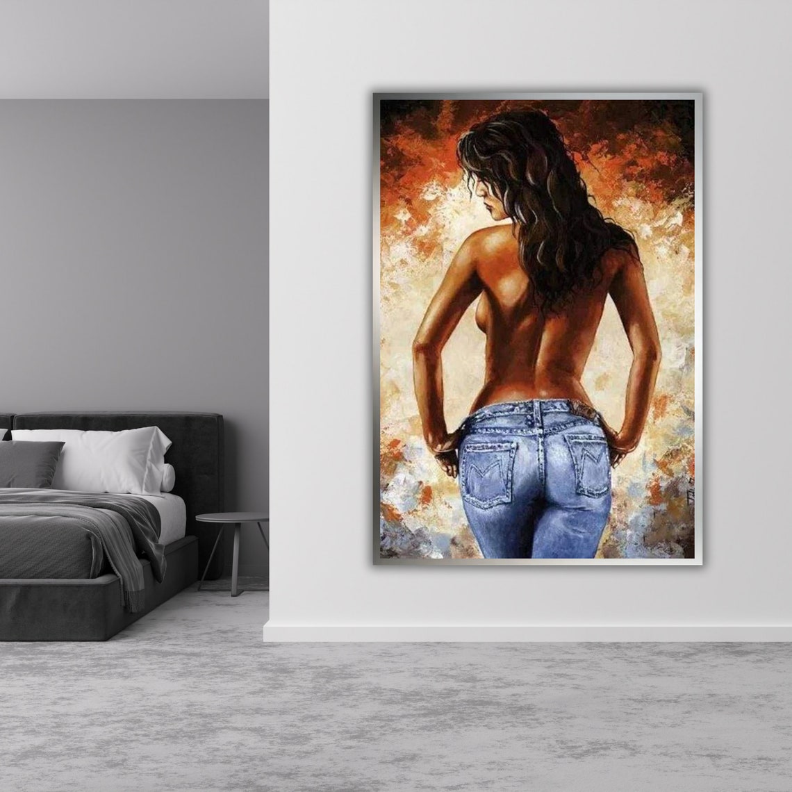 Nude Woman in Jeans Back View Warm Figurative Oil Art Poster - Image 5