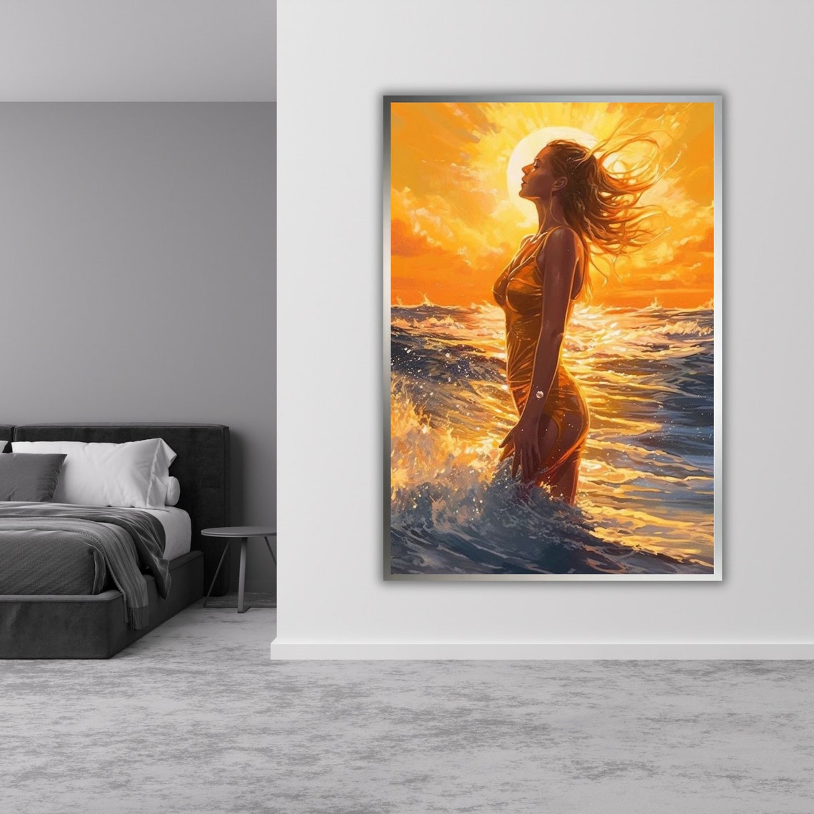 Woman in Ocean Waves Tranquil Golden Sunset Beach Art Poster - Image 5