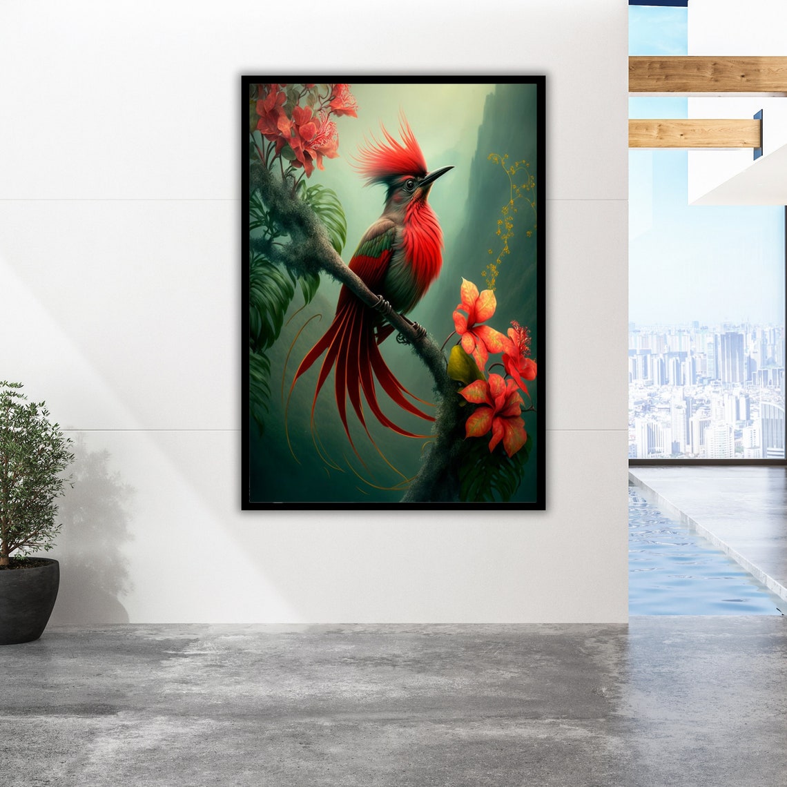 Crimson Plumed Tropical Bird Perched Among Flowers Jungle Art Poster - Image 5