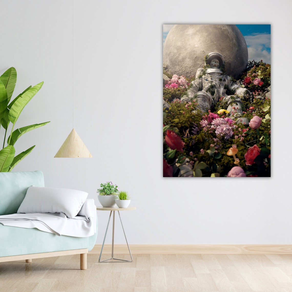 Skeleton Astronaut In Flower Field Giant Moon Surreal Art Poster - Image 4