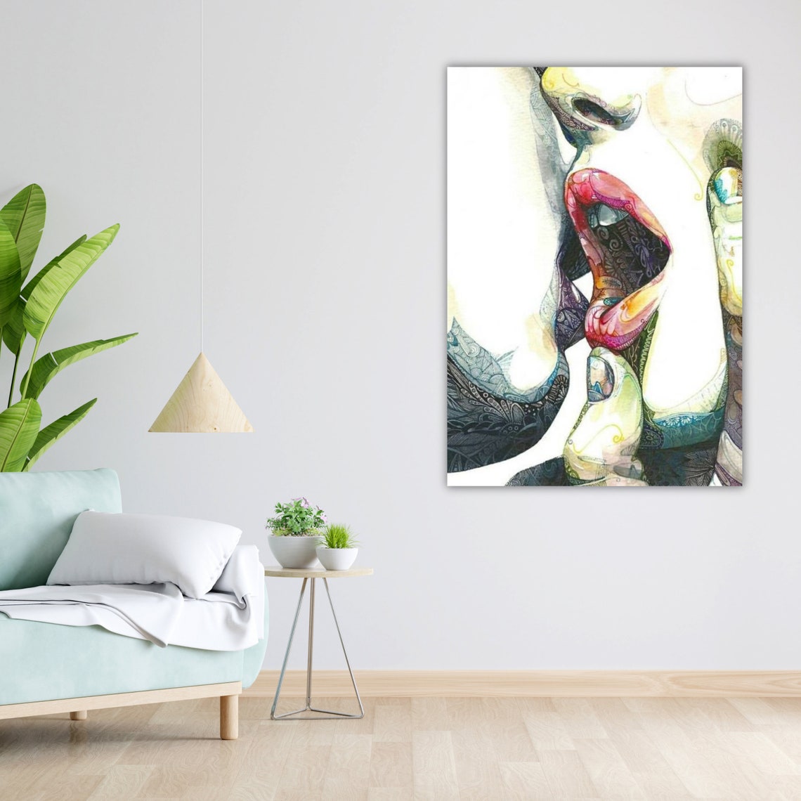 Romantic Kiss Watercolor Close Up Colorful Doodle Pattern Art Poster - Image 4