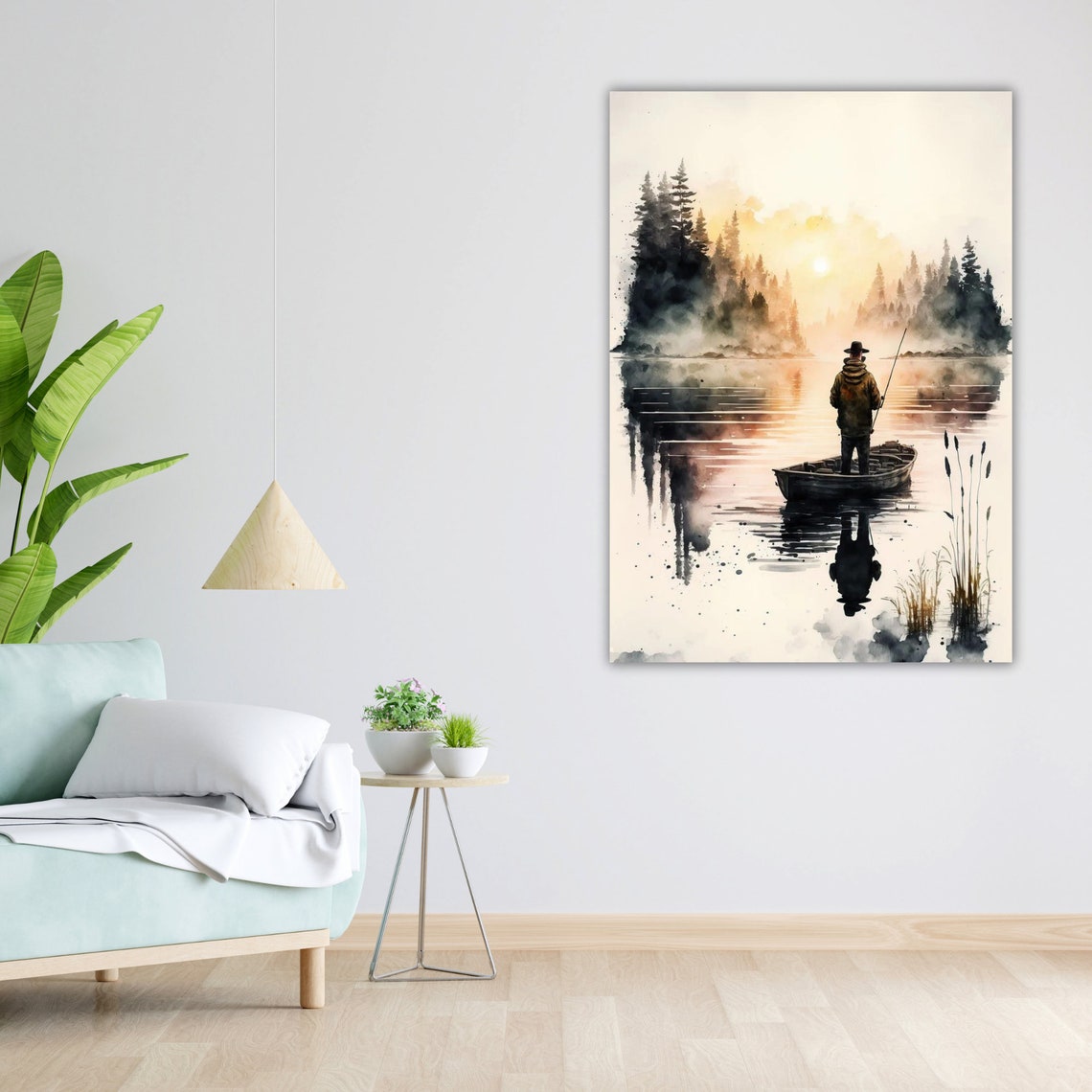Fisherman Misty Lake Sunrise Watercolor Boat Pine Forest Art Poster - Image 5